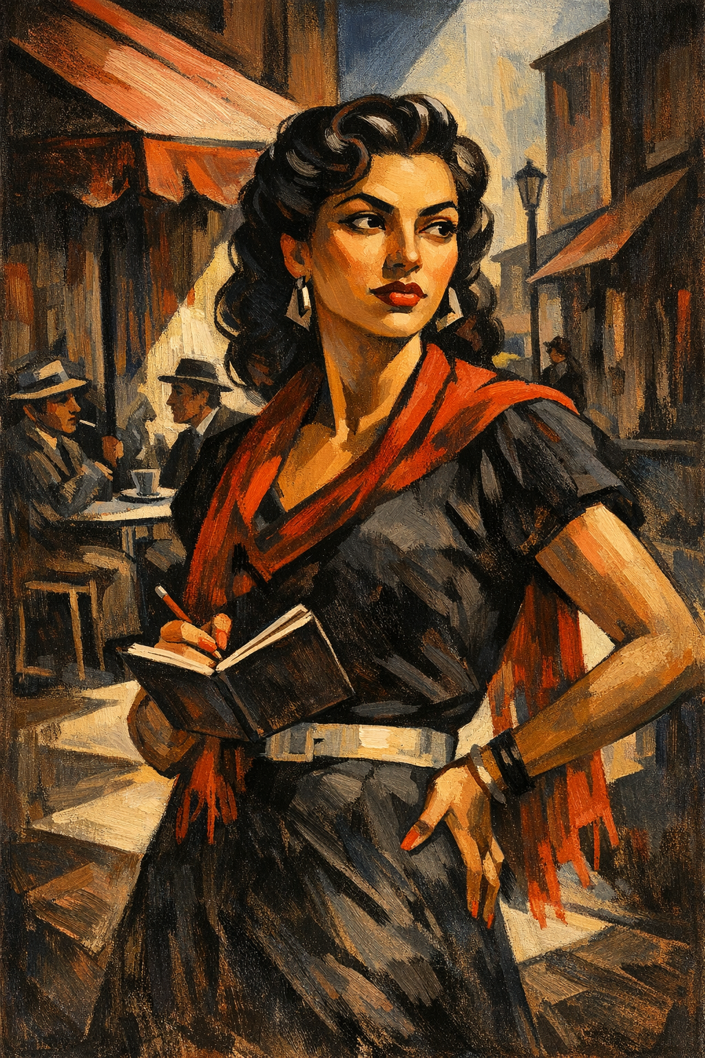 Painting of a woman in a city street with a notebook, surrounded by other people.